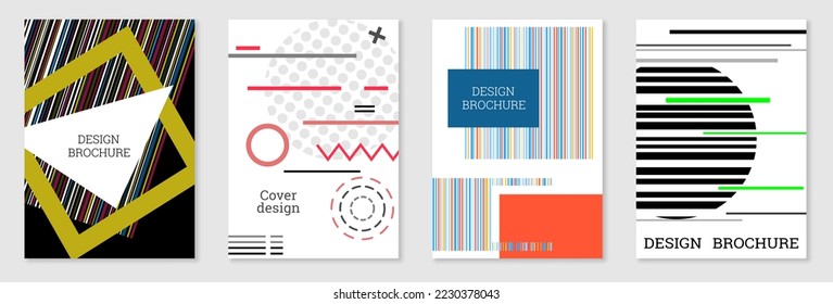 Set of cover design in Memphis style. Geometric design, abstract background. Fashionable bright cover, banner, poster, booklet. Creative colors.