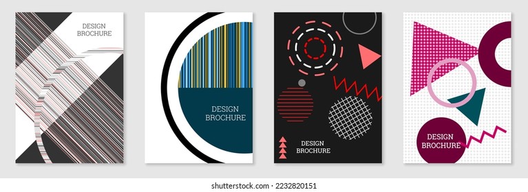 Cover-Design im Memphis-Stil. Geometrisches Design, abstrakter Hintergrund. Modisch helles Cover, Banner, Poster, Broschüre. Kreative Farben.