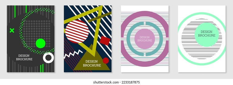 Diseño de portada al estilo Memphis. Diseño geométrico, fondo abstracto. Portada moderna y brillante, pancarta, afiche, folleto. Colores creativos.