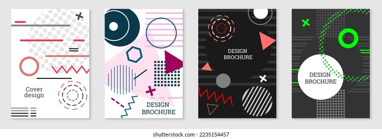 Set of cover design in Memphis style. Geometric design, abstract background. Fashionable bright cover, banner, poster, booklet. Creative colors.