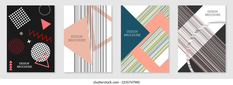 Set of cover design in Memphis style. Geometric design, abstract background. Fashionable bright cover, banner, poster, booklet. Creative colors.