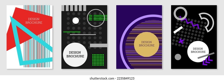 Set of cover design in Memphis style. Geometric design, abstract background. Fashionable bright cover, banner, poster, booklet. Creative colors.