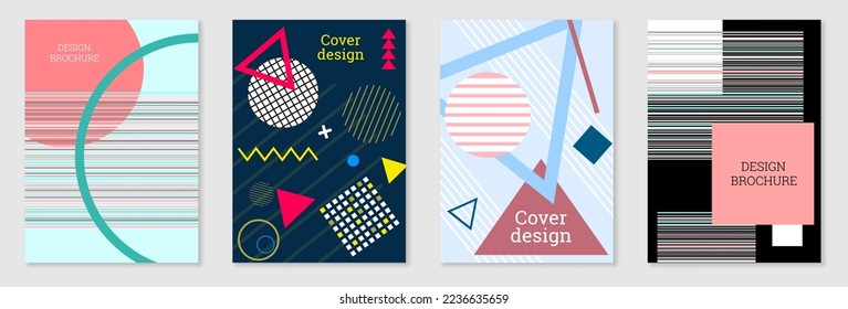 Set of cover design in Memphis style. Geometric design, abstract background. Fashionable bright cover, banner, poster, booklet. Creative colors.