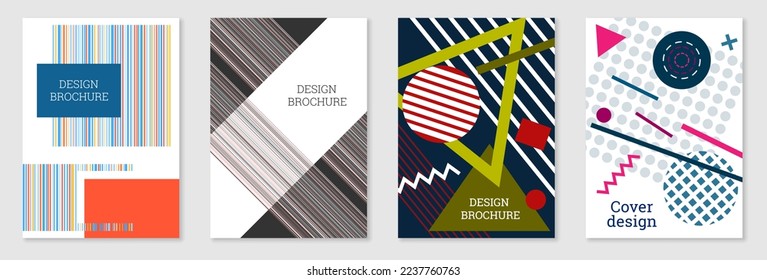 Set of cover design in Memphis style. Geometric design, abstract background. Fashionable bright cover, banner, poster, booklet. Creative colors.