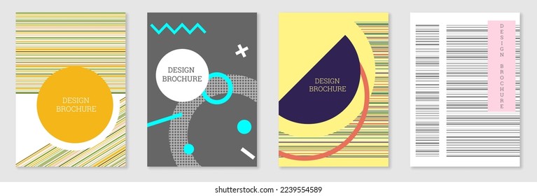 Set of cover design in Memphis style. Geometric design, abstract background. Fashionable bright cover, banner, poster, booklet. Creative colors.