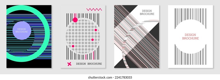 Set of cover design in Memphis style. Geometric design, abstract background. Fashionable bright cover, banner, poster, booklet. Creative colors.