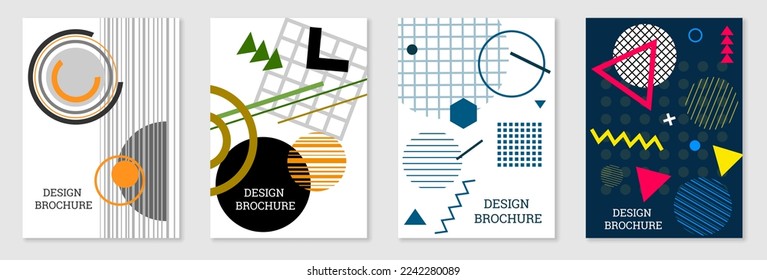 Diseño de portada al estilo Memphis. Diseño geométrico, fondo abstracto. Portada moderna y brillante, pancarta, afiche, folleto. Colores creativos.