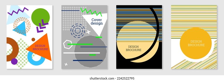 Diseño de portada al estilo Memphis. Diseño geométrico, fondo abstracto. Portada moderna y brillante, pancarta, afiche, folleto. Colores creativos.
