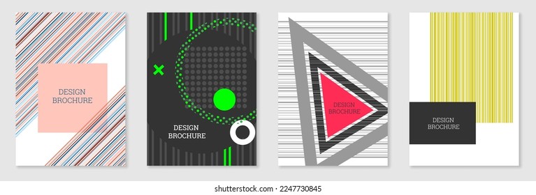 Cover-Design im Memphis-Stil. Geometrisches Design, abstrakter Hintergrund. Modisch helles Cover, Banner, Poster, Broschüre. Kreative Farben.