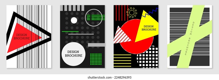Set of cover design in Memphis style. Geometric design, abstract background. Fashionable bright cover, banner, poster, booklet. Creative colors.