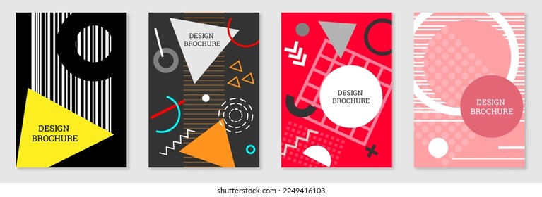 Set of cover design in Memphis style. Geometric design, abstract background. Fashionable bright cover, banner, poster, booklet. Creative colors.