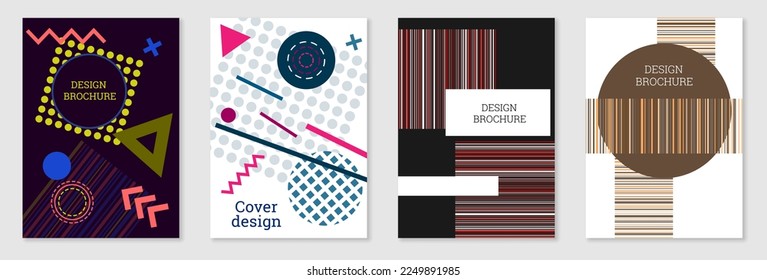 Cover-Design im Memphis-Stil. Geometrisches Design, abstrakter Hintergrund. Modisch helles Cover, Banner, Poster, Broschüre. Kreative Farben.