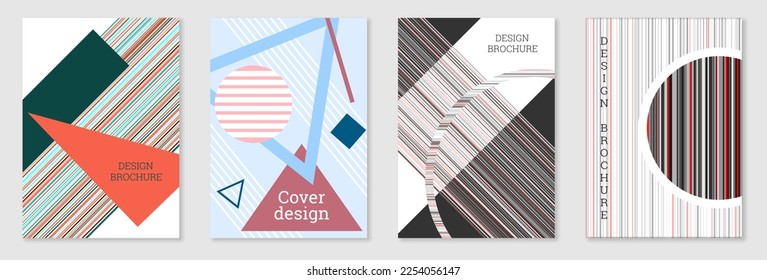 Set of cover design in Memphis style. Geometric design, abstract background. Fashionable bright cover, banner, poster, booklet. Creative colors.