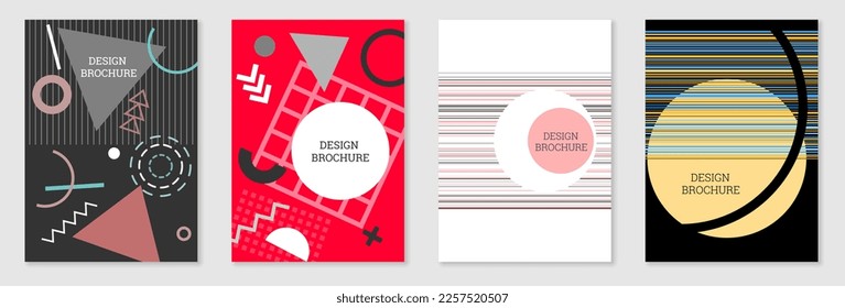 Set of cover design in Memphis style. Geometric design, abstract background. Fashionable bright cover, banner, poster, booklet. Creative colors.