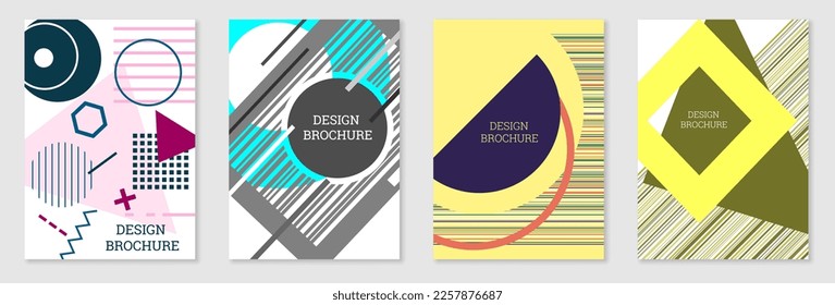 Set of cover design in Memphis style. Geometric design, abstract background. Fashionable bright cover, banner, poster, booklet. Creative colors.