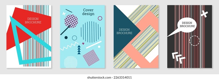 Set of cover design in Memphis style. Geometric design, abstract background. Fashionable bright cover, banner, poster, booklet. Creative colors.