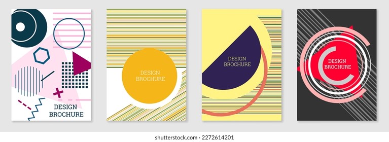 Diseño de portada al estilo Memphis. Diseño geométrico, fondo abstracto. Portada moderna y brillante, pancarta, afiche, folleto. Colores creativos.