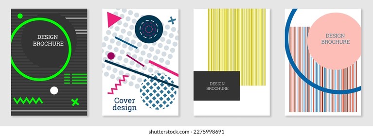 Set of cover design in Memphis style. Geometric design, abstract background. Fashionable bright cover, banner, poster, booklet. Creative colors.