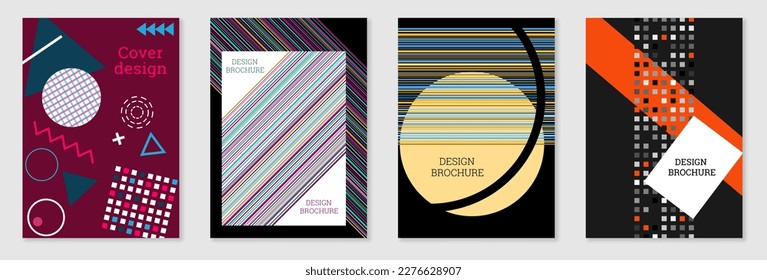 Set of cover design in Memphis style. Geometric design, abstract background. Fashionable bright cover, banner, poster, booklet. Creative colors.