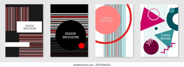 Set of cover design in Memphis style. Geometric design, abstract background. Fashionable bright cover, banner, poster, booklet. Creative colors.