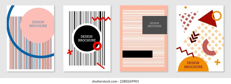 Set of cover design in Memphis style. Geometric design, abstract background. Fashionable bright cover, banner, poster, booklet. Creative colors.