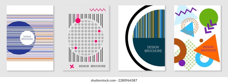 Set of cover design in Memphis style. Geometric design, abstract background. Fashionable bright cover, banner, poster, booklet. Creative colors.