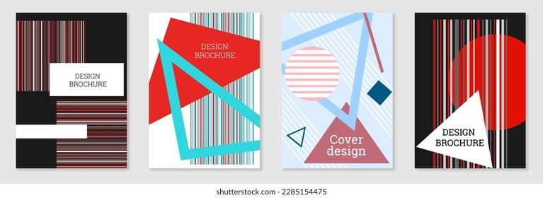 Set of cover design in Memphis style. Geometric design, abstract background. Fashionable bright cover, banner, poster, booklet. Creative colors.