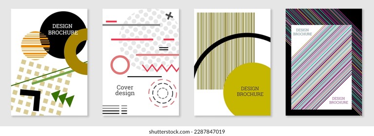 Cover-Design im Memphis-Stil. Geometrisches Design, abstrakter Hintergrund. Modisch helles Cover, Banner, Poster, Broschüre. Kreative Farben.