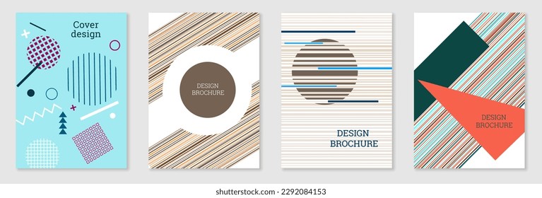 Cover-Design im Memphis-Stil. Geometrisches Design, abstrakter Hintergrund. Modisch helles Cover, Banner, Poster, Broschüre. Kreative Farben.