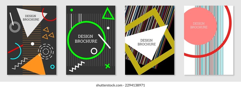 Cover-Design im Memphis-Stil. Geometrisches Design, abstrakter Hintergrund. Modisch helles Cover, Banner, Poster, Broschüre. Kreative Farben.