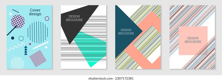 Set of cover design in Memphis style. Geometric design, abstract background. Fashionable bright cover, banner, poster, booklet. Creative colors.