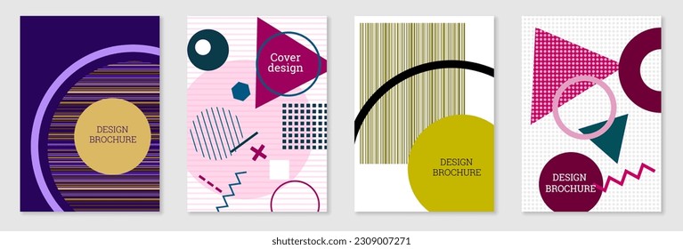 Set of cover design in Memphis style. Geometric design, abstract background. Fashionable bright cover, banner, poster, booklet. Creative colors.