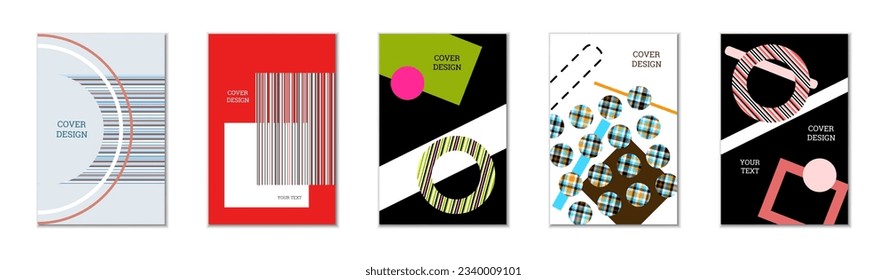 Set of cover design in Memphis style. Geometric design, abstract background. Fashionable bright cover, banner, poster, booklet. Creative colors.