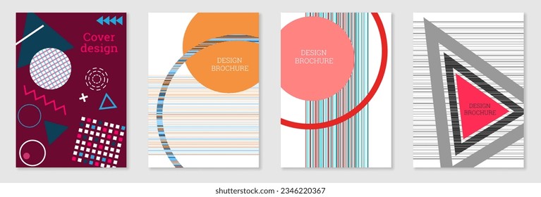 Set of cover design in Memphis style. Geometric design, abstract background. Fashionable bright cover, banner, poster, booklet. Creative colors.