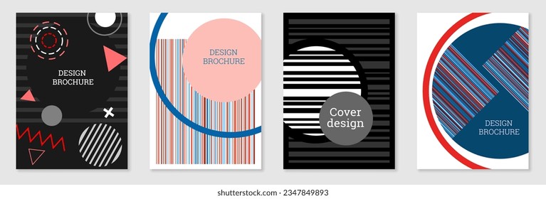 Set of cover design in Memphis style. Geometric design, abstract background. Fashionable bright cover, banner, poster, booklet. Creative colors.