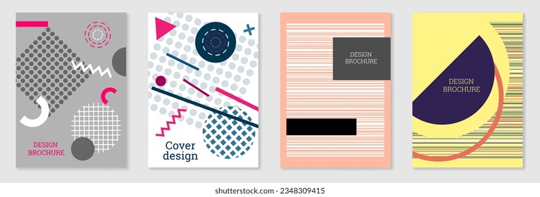 Diseño de portada al estilo Memphis. Diseño geométrico, fondo abstracto. Portada moderna y brillante, pancarta, afiche, folleto. Colores creativos.