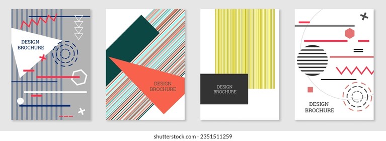 Set of cover design in Memphis style. Geometric design, abstract background. Fashionable bright cover, banner, poster, booklet. Creative colors.