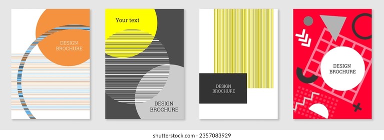Cover-Design im Memphis-Stil. Geometrisches Design, abstrakter Hintergrund. Modisch helles Cover, Banner, Poster, Broschüre. Kreative Farben.