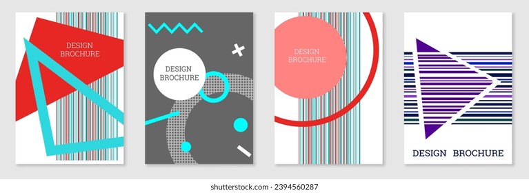 Set of cover design in Memphis style. Geometric design, abstract background. Fashionable bright cover, banner, poster, booklet. Creative colors.