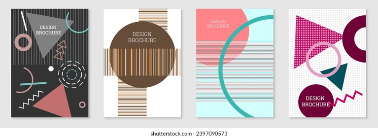 Set of cover design in Memphis style. Geometric design, abstract background. Fashionable bright cover, banner, poster, booklet. Creative colors.