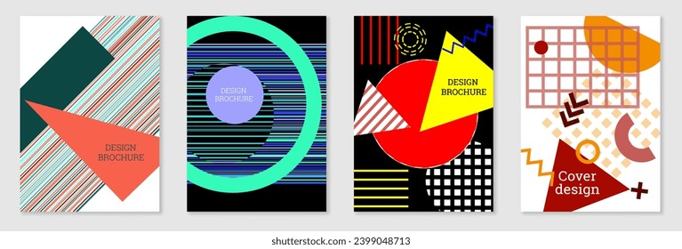 Set of cover design in Memphis style. Geometric design, abstract background. Fashionable bright cover, banner, poster, booklet. Creative colors.