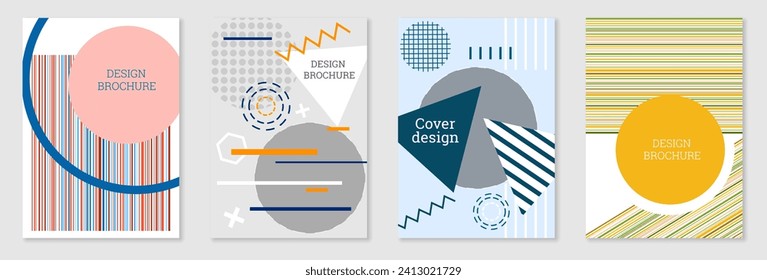 Set of cover design in Memphis style. Geometric design, abstract background. Fashionable bright cover, banner, poster, booklet. Creative colors.