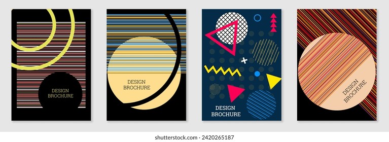 Set of cover design in Memphis style. Geometric design, abstract background. Fashionable bright cover, banner, poster, booklet. Creative colors.
