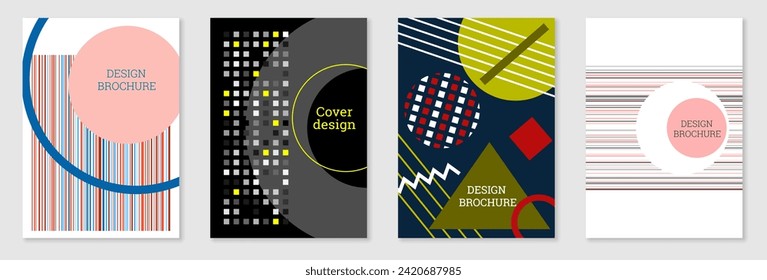 Set of cover design in Memphis style. Geometric design, abstract background. Fashionable bright cover, banner, poster, booklet. Creative colors.