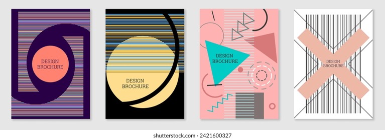Set of cover design in Memphis style. Geometric design, abstract background. Fashionable bright cover, banner, poster, booklet. Creative colors.