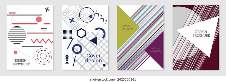 Set of cover design in Memphis style. Geometric design, abstract background. Fashionable bright cover, banner, poster, booklet. Creative colors.