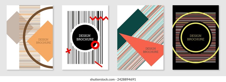 Conjunto de diseño de portada en estilo Memphis. Diseño geométrico, fondo abstracto. Cubierta brillante de moda, banner, póster, folleto. Colores creativos.