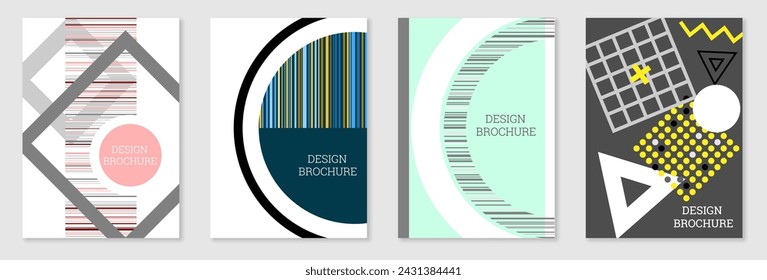Conjunto de diseño de portada en estilo Memphis. Diseño geométrico, fondo abstracto. Cubierta brillante de moda, banner, póster, folleto. Colores creativos.