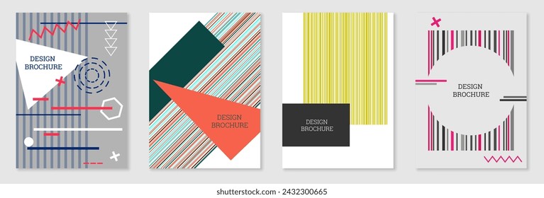 Satz von Cover-Design im Memphis-Stil. Geometrisches Design, abstrakter Hintergrund. Modisches helles Cover, Banner, Poster, Booklet. Kreative Farben.
