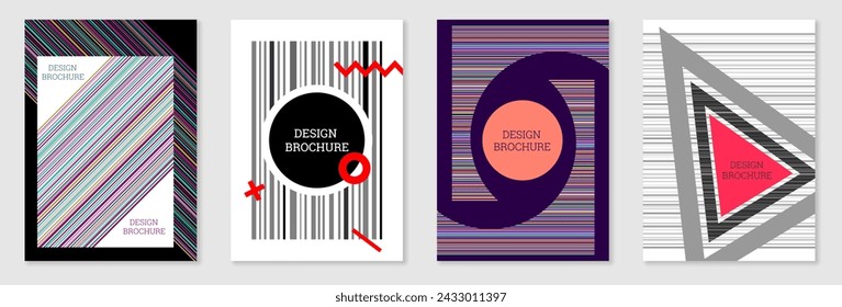 Set of cover design in Memphis style. Geometric design, abstract background. Fashionable bright cover, banner, poster, booklet. Creative colors.